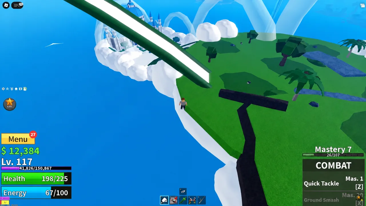 Player character standing on the floating Skylands village island in Blox Fruits