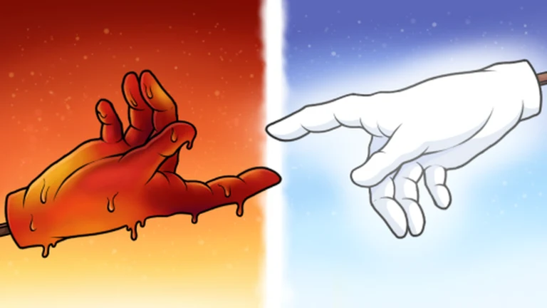 A stylized orange hand reaches toward a white gloved hand across a dramatic split orange-and-blue background.