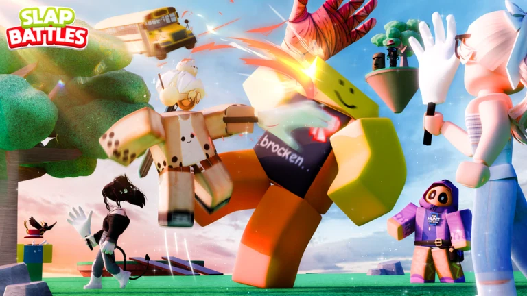 Roblox characters clash in a colorful outdoor arena as a large central fighter is struck beneath a bright daytime sky.