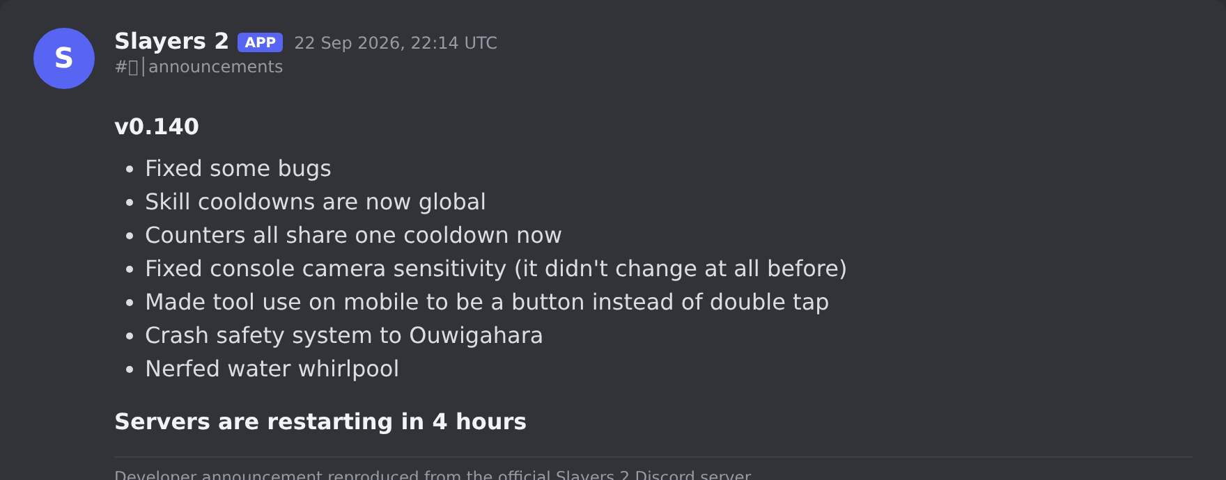 The Slayers 2 update post in the game's Discord server