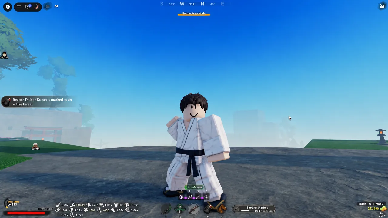 Threat notification for Reaper Trainee Kuzan on screen while the player stands in a safe zone