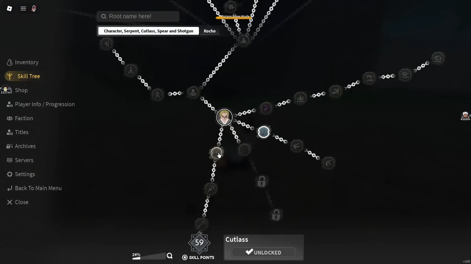 Skill Tree menu with the Cutlass node shown as unlocked alongside connected abilities