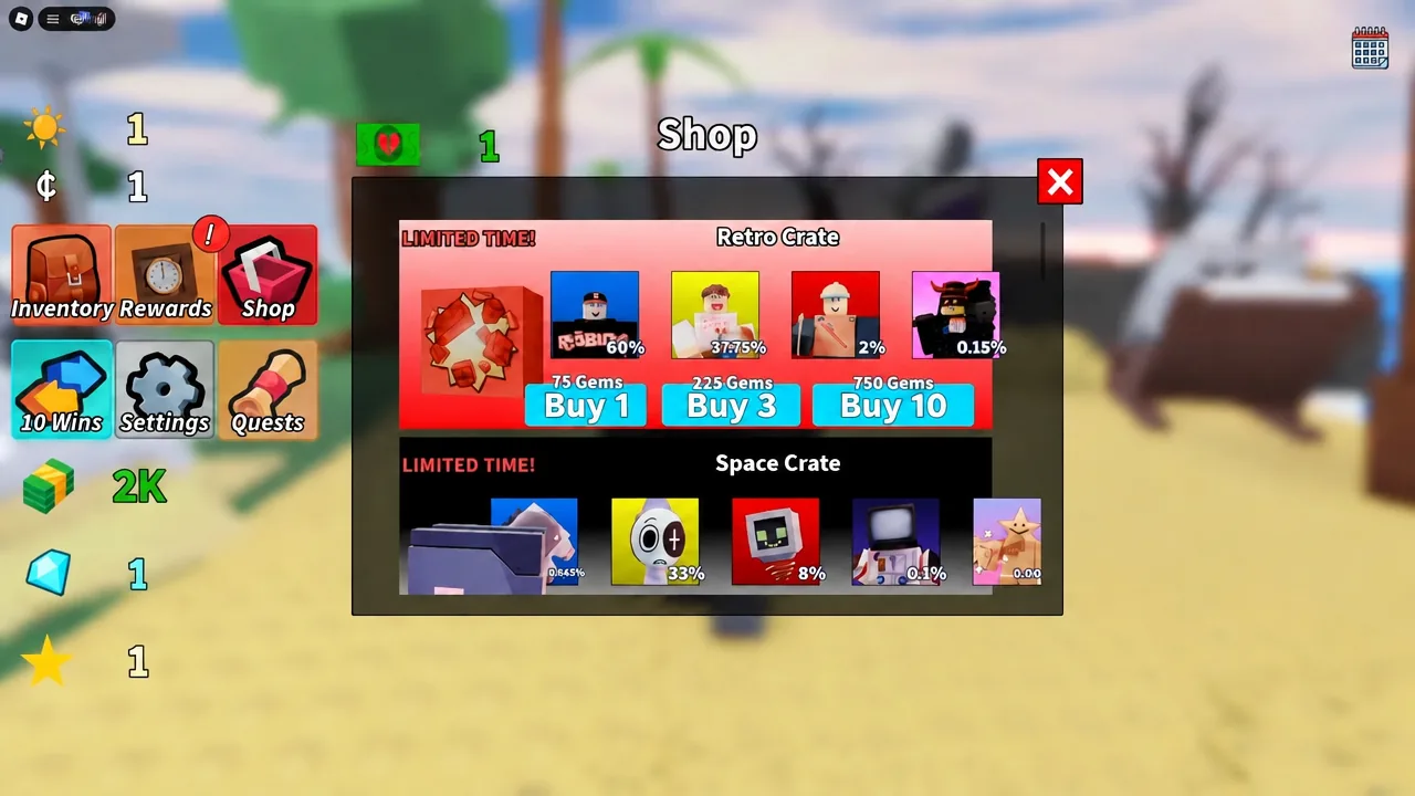 Shop tab open on the Retro Crate showing Buy 1, Buy 3, and Buy 10 purchase options
