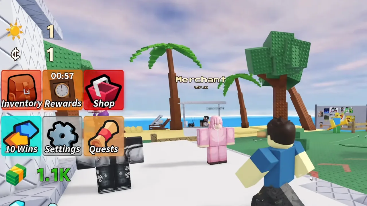 Main game screen with the red Shop button highlighted beside the Merchant area