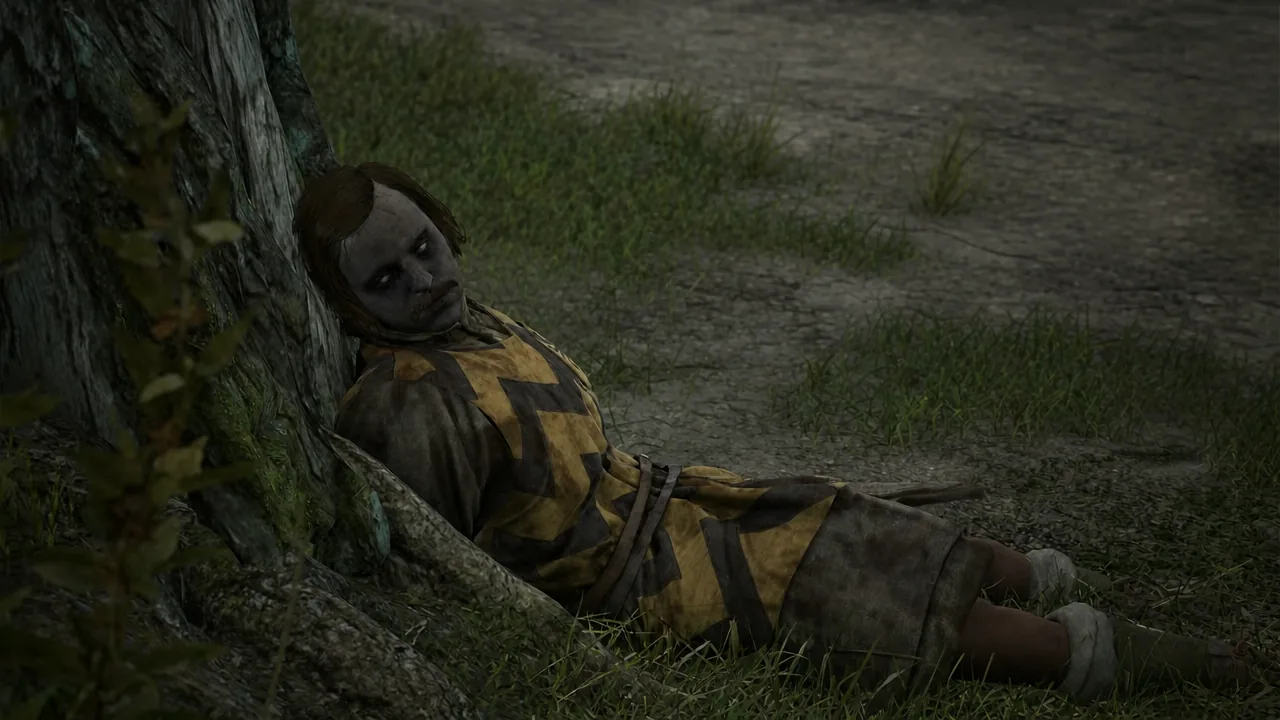 Anca resting against a tree in the ruined village of Laslea before the blood ritual