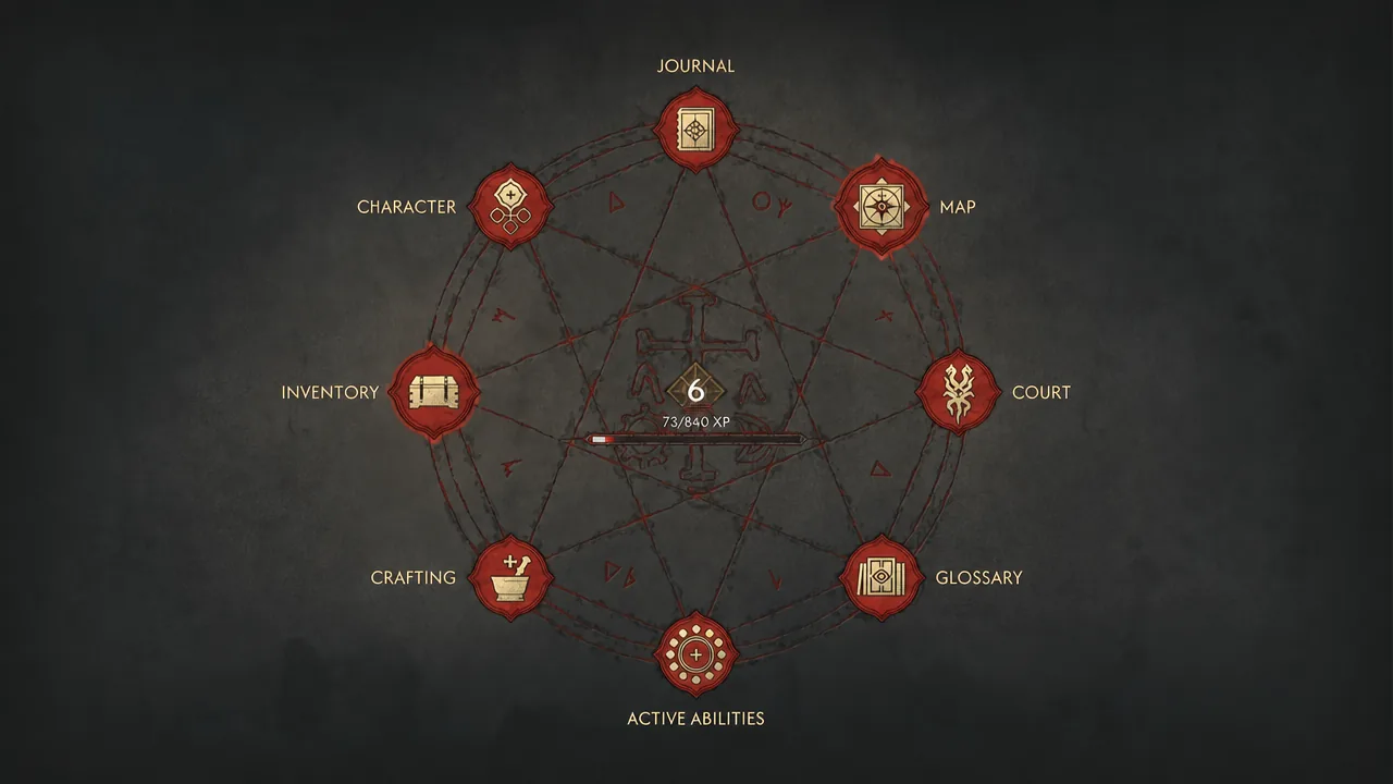 Journal radial menu open in The Blood of Dawnwalker with the Inventory option highlighted