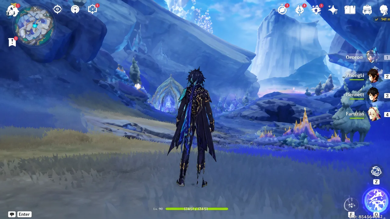 Genshin Impact exploration HUD with the active character standing idle in the open world