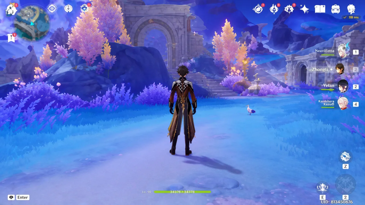 Zhongli standing idle in the open world with the party roster and exploration controls on screen