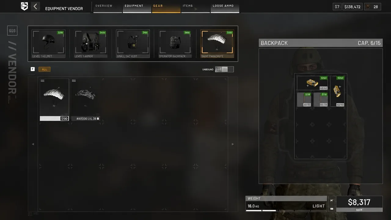 Equipment Vendor GEAR tab with the Basic Parachute highlighted alongside other gear options