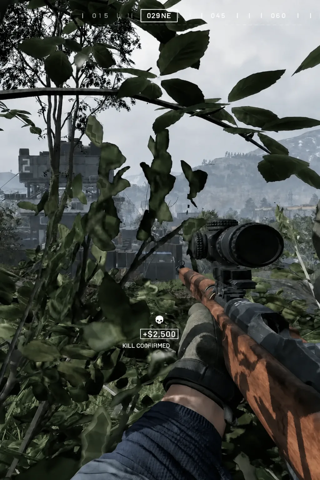First-person view with a boxed 029 NE compass reading and a KILL CONFIRMED notification worth $2,500