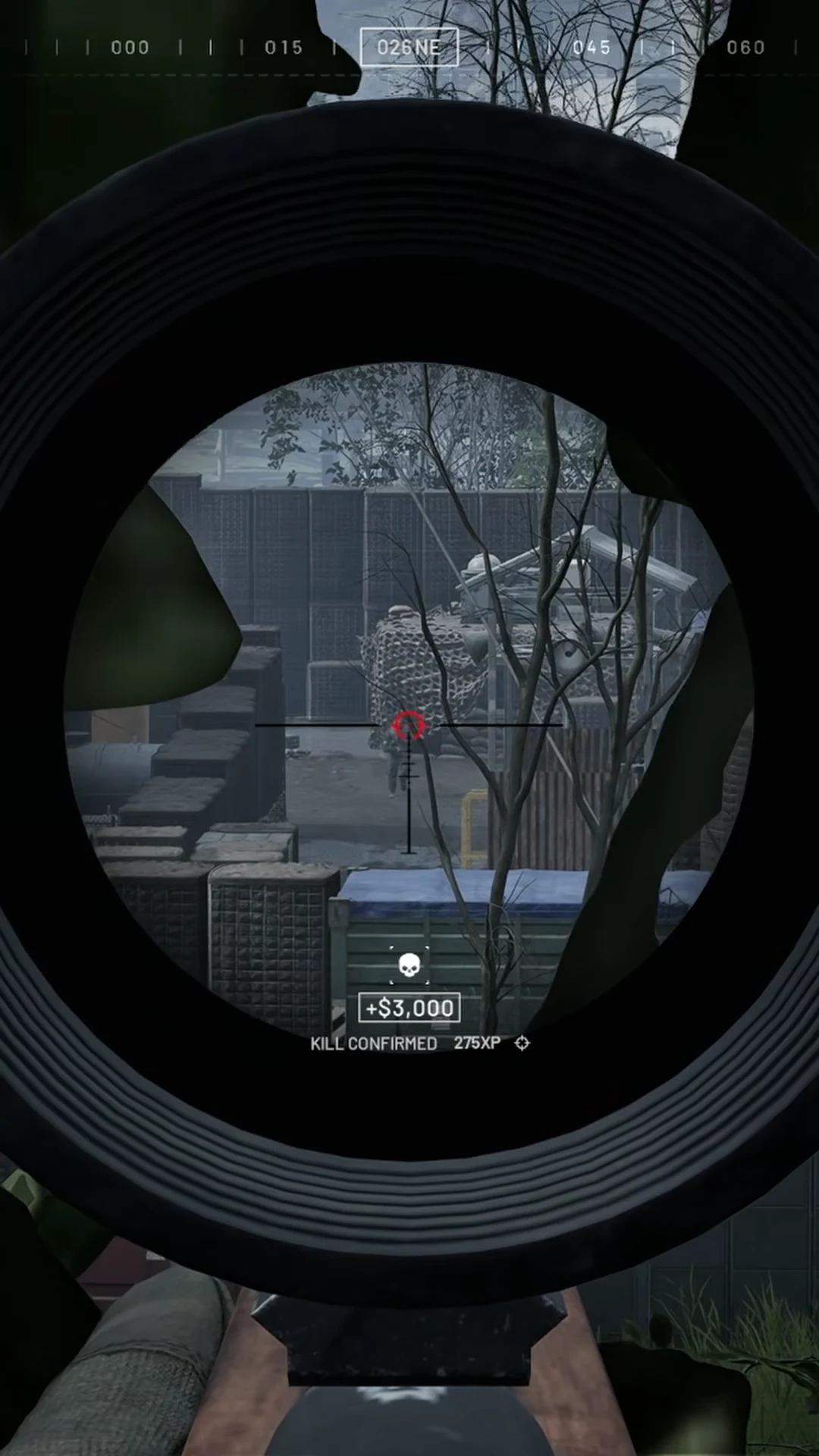 Scope view with a KILL CONFIRMED banner showing 275XP and a $3,000 cash payout after a long-range hit