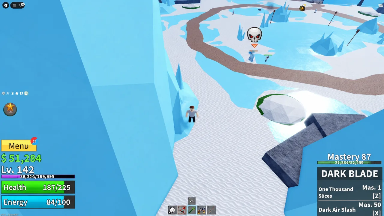 Player attacking an enemy in the snowy area with the Dark Blade panel on screen