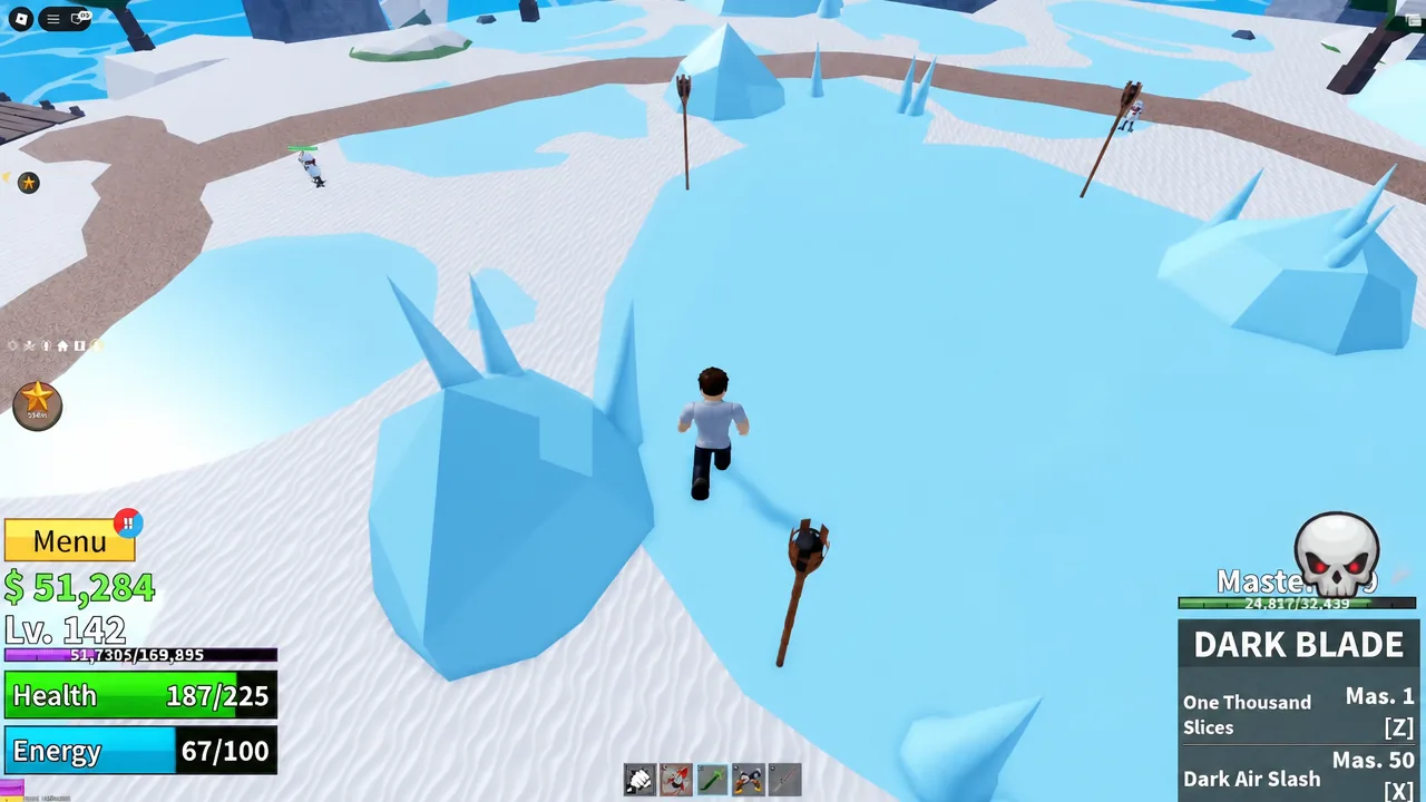 Player running across the icy terrain of Frozen Village while hunting for totems