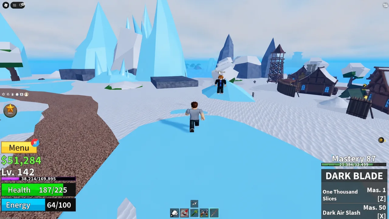 Player character approaching a quest NPC in the snowy village area