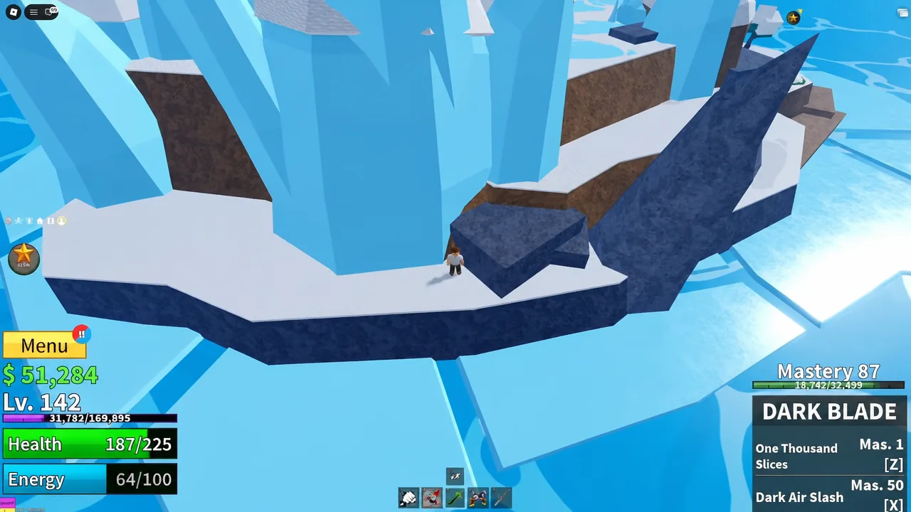Player moving through the icy area with the Dark Blade equipped