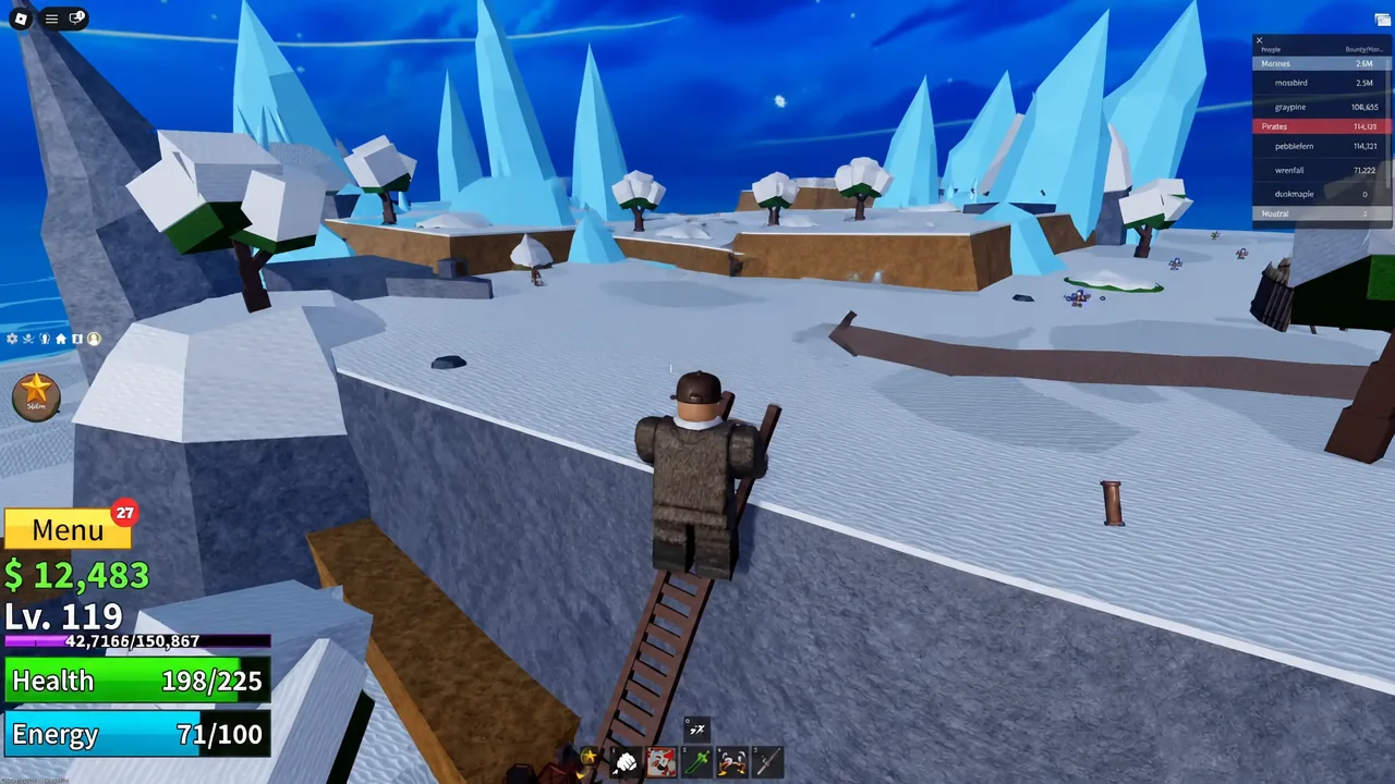 Player character climbing a ladder in the snowy village to reach a higher level