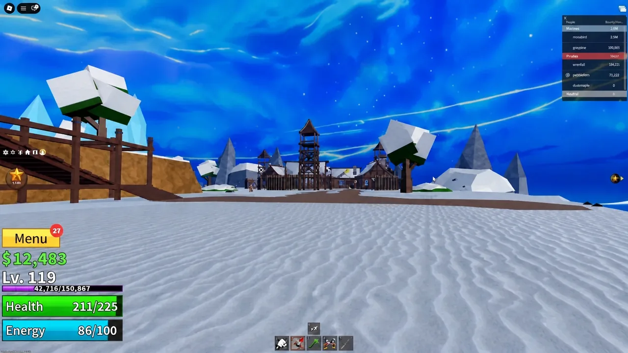 Player exploring the snowy village with the status HUD and menu button on screen