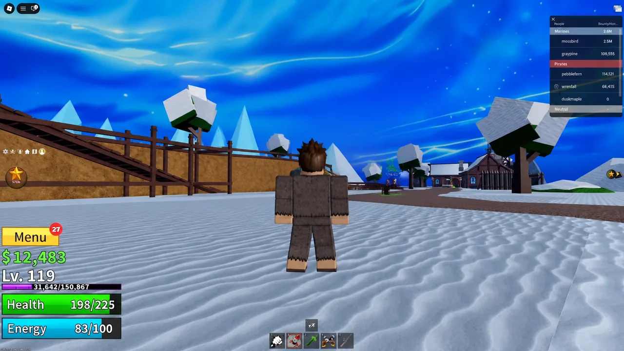 Player character standing in the open snowy area with the game world and HUD visible