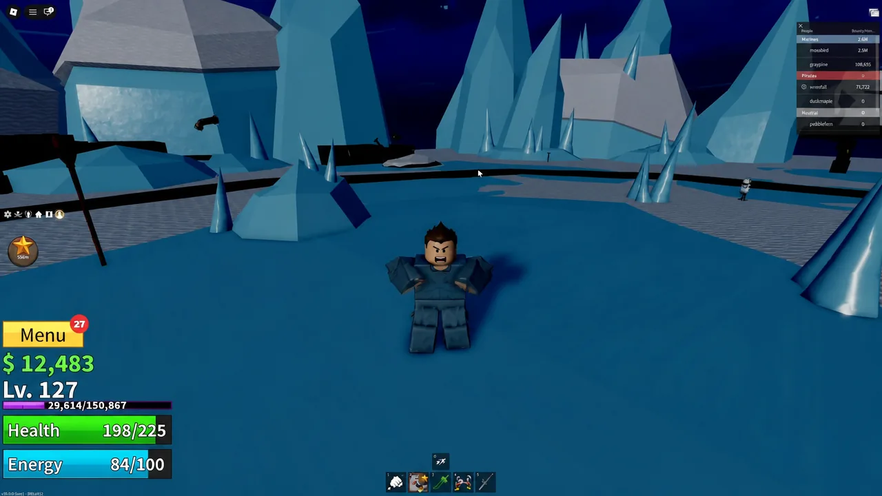 Player running through the snowy village past the Yeti boss area on the wooden walkways