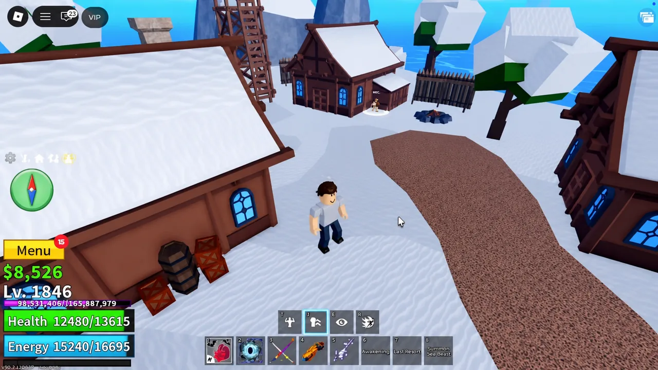 Running through the snow-covered village while searching the ground for snow piles