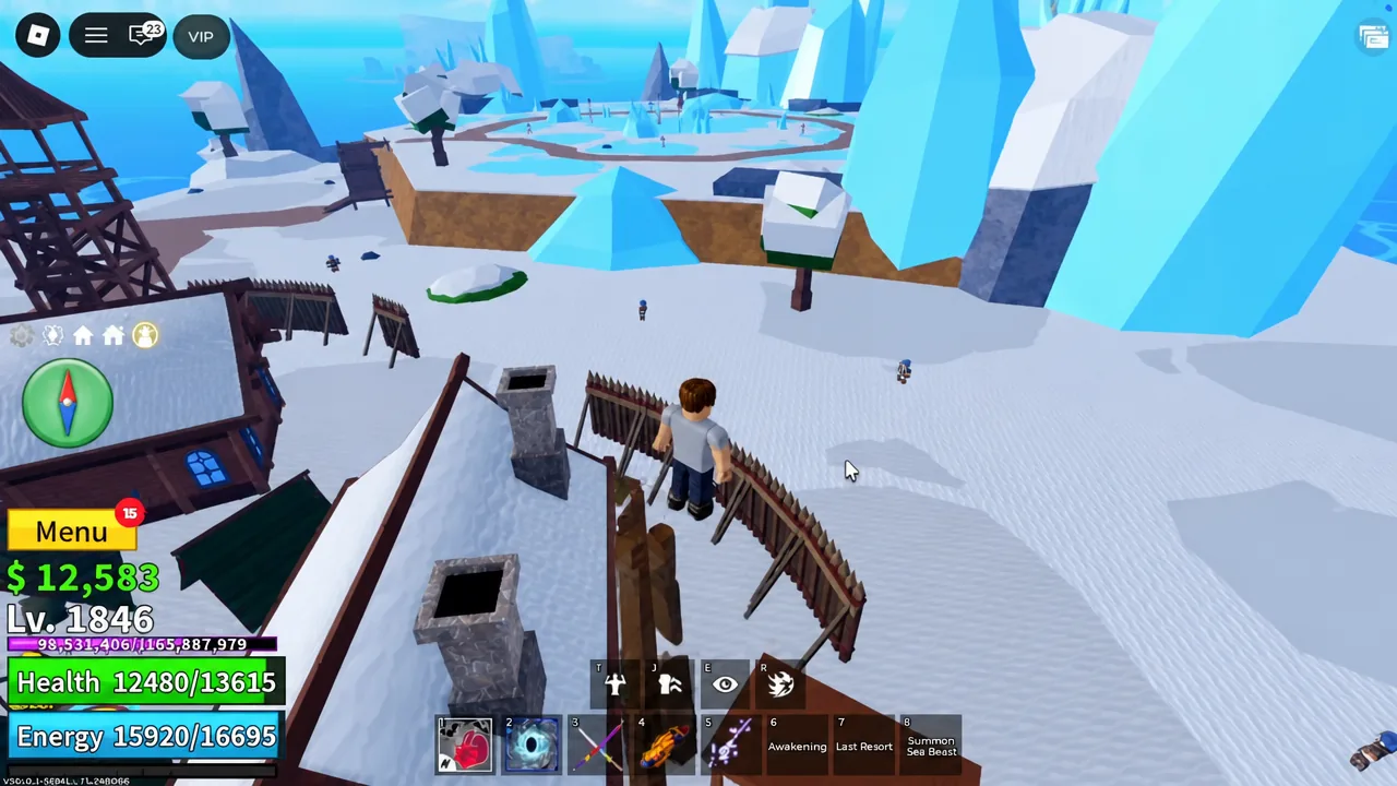 Character standing on a snowy rooftop in Frozen Village with the menu button highlighted