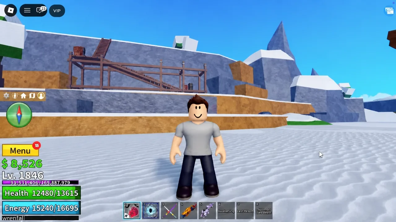 Player character standing idle in the snowy Frozen Village with the menu button showing a notification badge