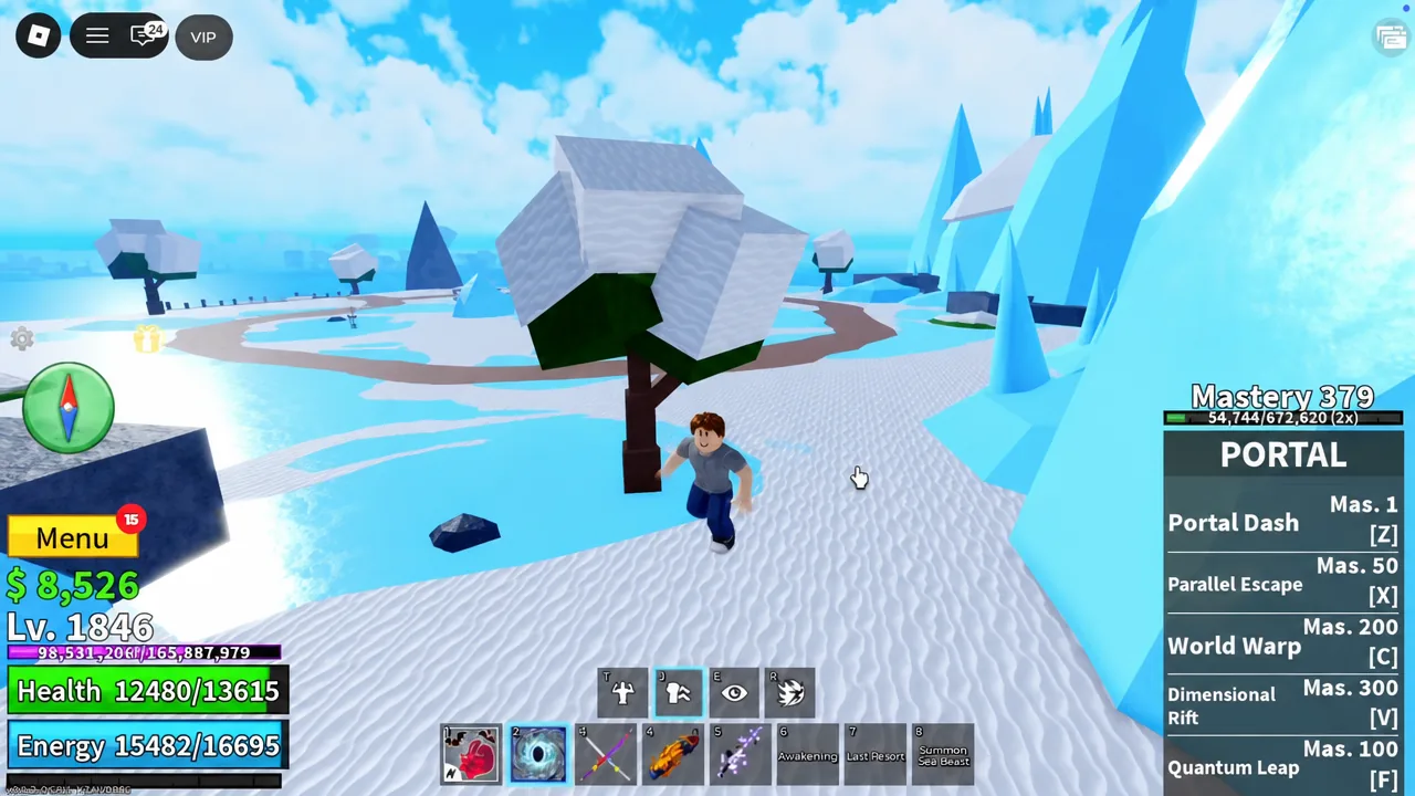 Portal ability list open on screen while the player stands in the snowy Frozen Village