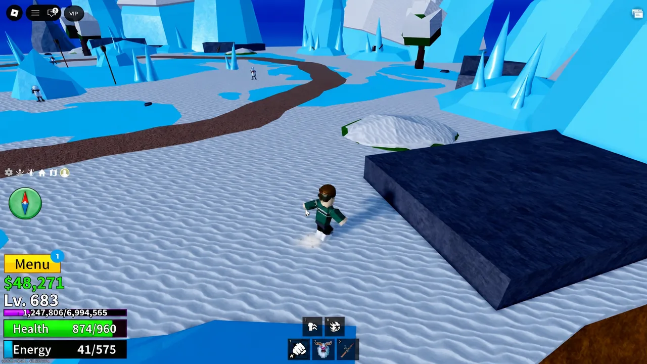 Player moving across the icy village once the snow and darker weather conditions are active