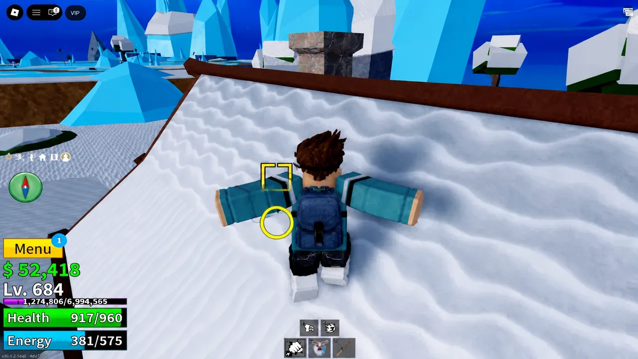 Snow piles being pushed together near the Yeti boss area to form the snowman