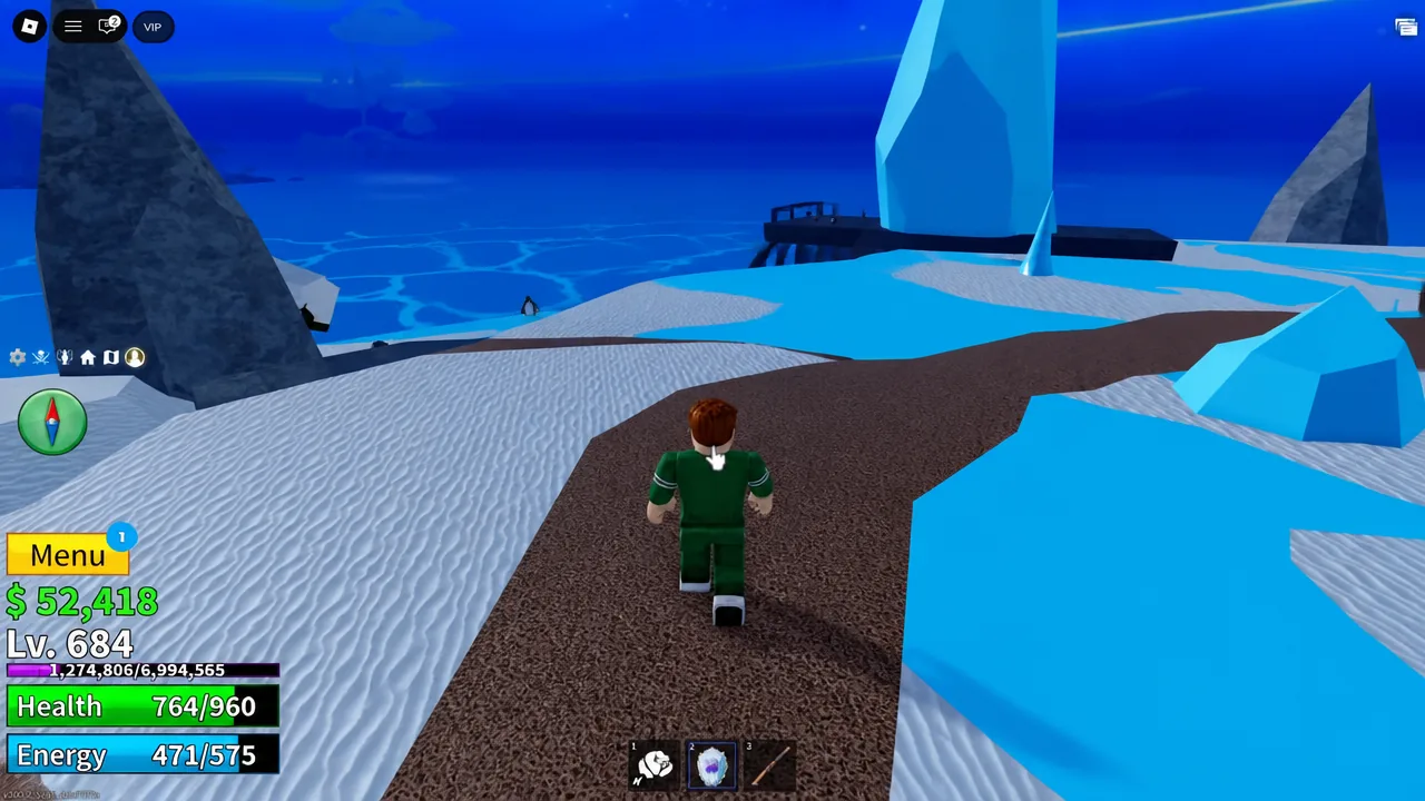 Player character running along a snowy path in Frozen Village while searching the ground