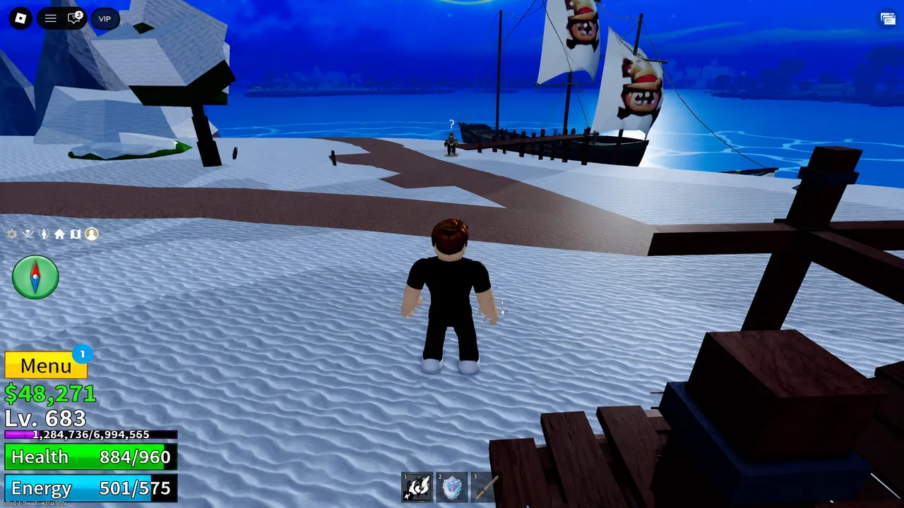 Snowy island with a docked ship visible as the player begins searching the village