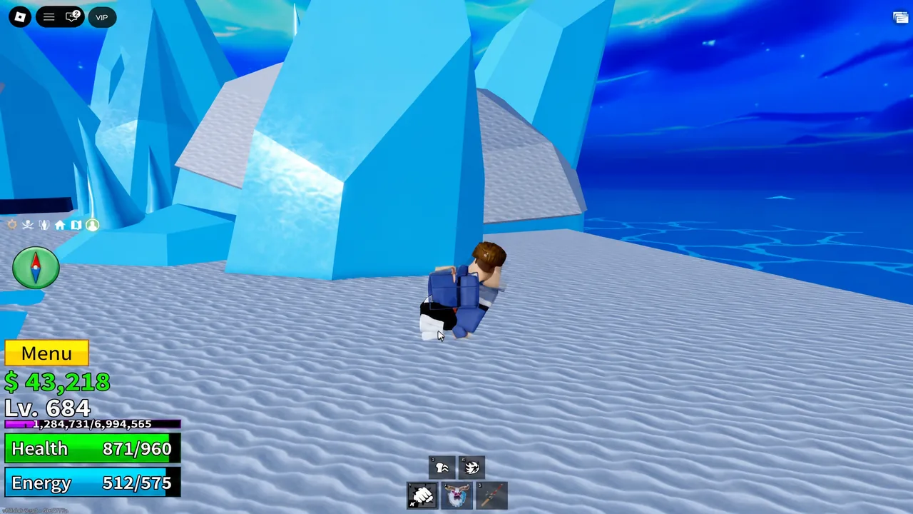 Blox Fruits character crossing an icy platform in Snow Village during clear weather