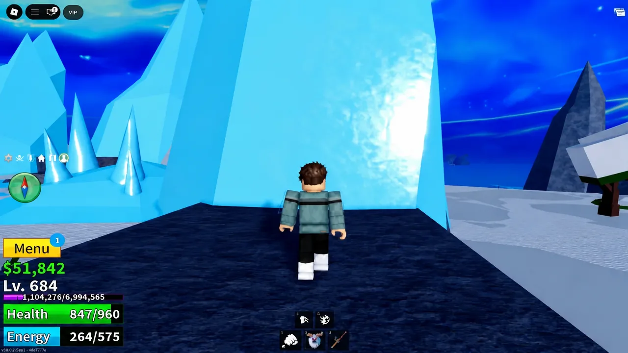 Highlighted yellow Menu button with a notification badge on the Blox Fruits HUD