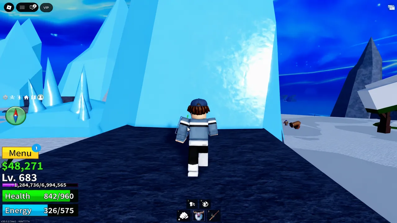 Avatar walking toward a large ice formation while working through the snow village secret