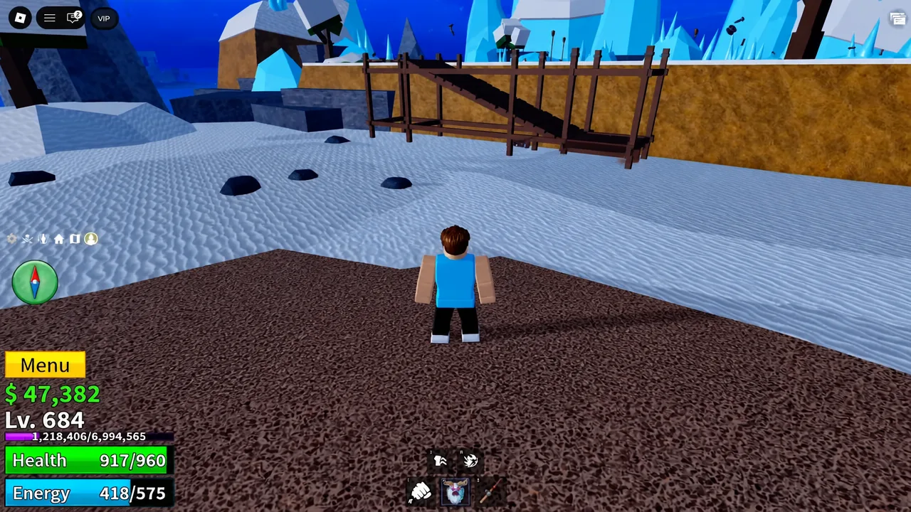 Player character standing in front of a wooden bridge in Frozen Village with the Menu button on screen