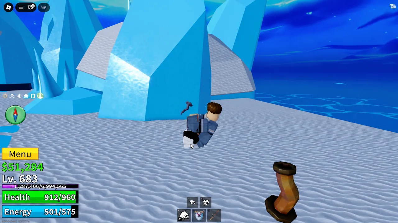 Player character standing in the snowy Blox Fruits island where the snowman secret begins
