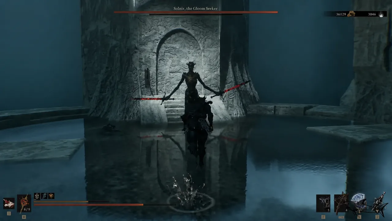 Solnir, the Gloom Seeker boss health bar during the duel in the flooded chamber