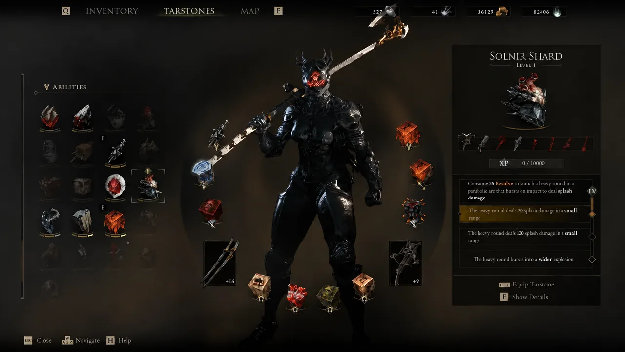 Tarstones menu with Solnir Shard selected and its 70 splash damage upgrade line highlighted