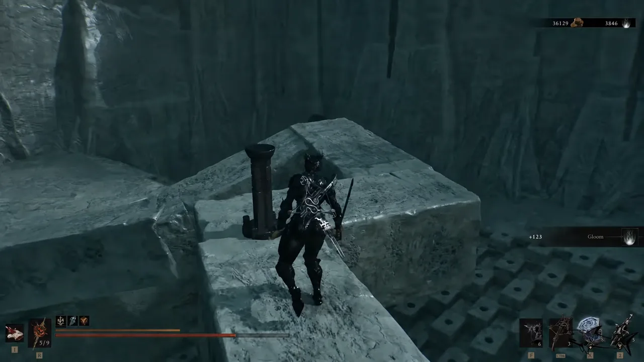 Armored character standing beside a stone pillar lever on a narrow elevated walkway