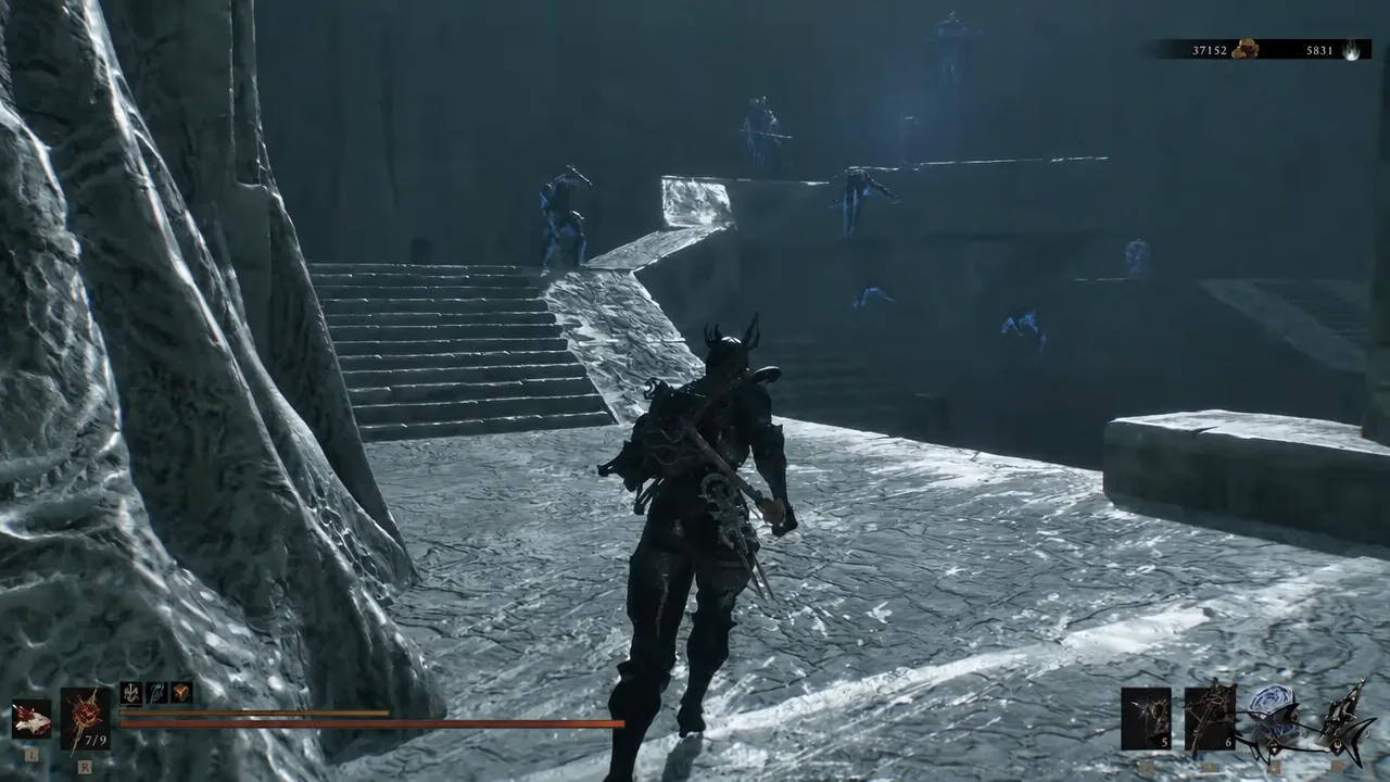 Character advancing along an icy walkway with enemies waiting further ahead