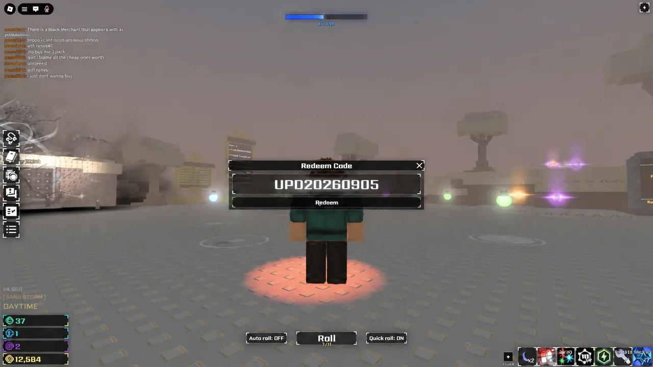 Redeem Code box in Sol's RNG with UPD20260905 typed in, ready to submit