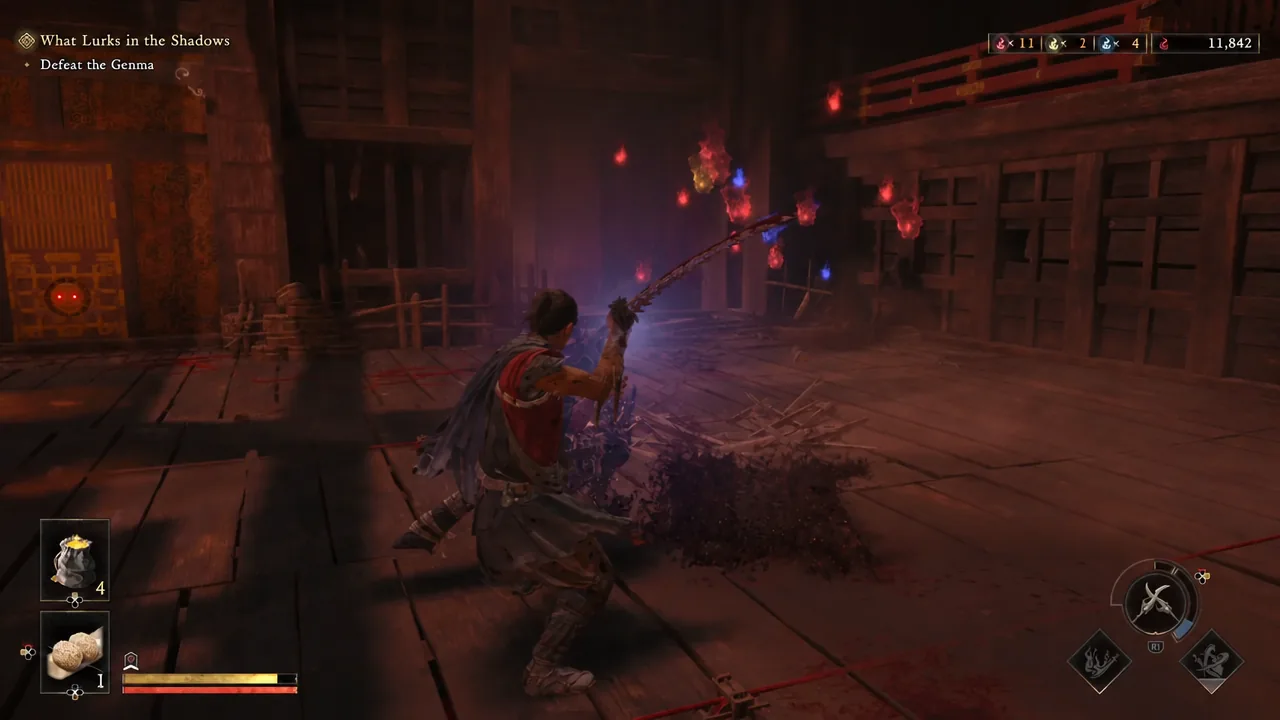Musashi attacking an enemy as the Defeat the Genma objective appears during What Lurks in the Shadows
