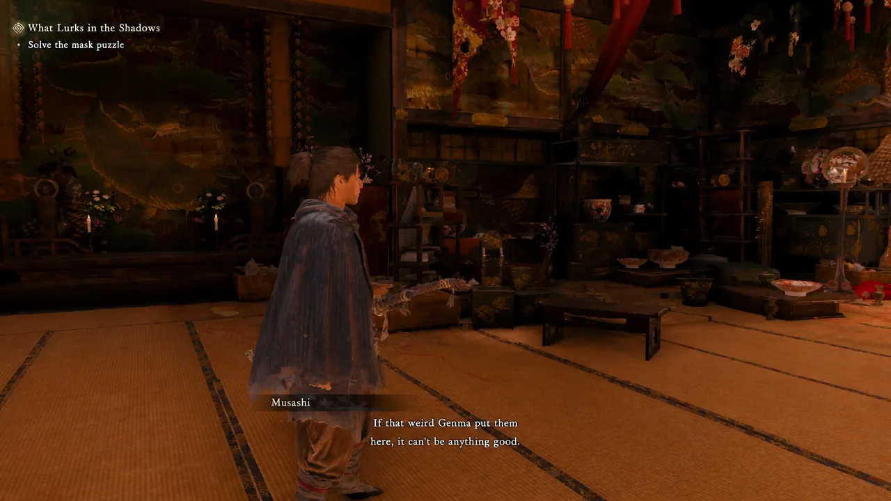 Musashi standing in the sealed mask room with the Solve the mask puzzle objective on screen