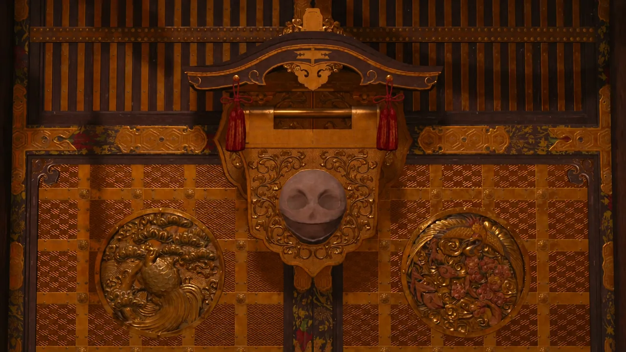 Ornate locked door with a skull-shaped central mechanism before the mask is placed