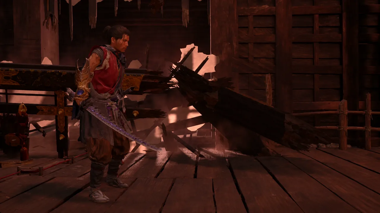 Musashi passing a collapsed wooden beam in a damaged corridor of the underground laboratory