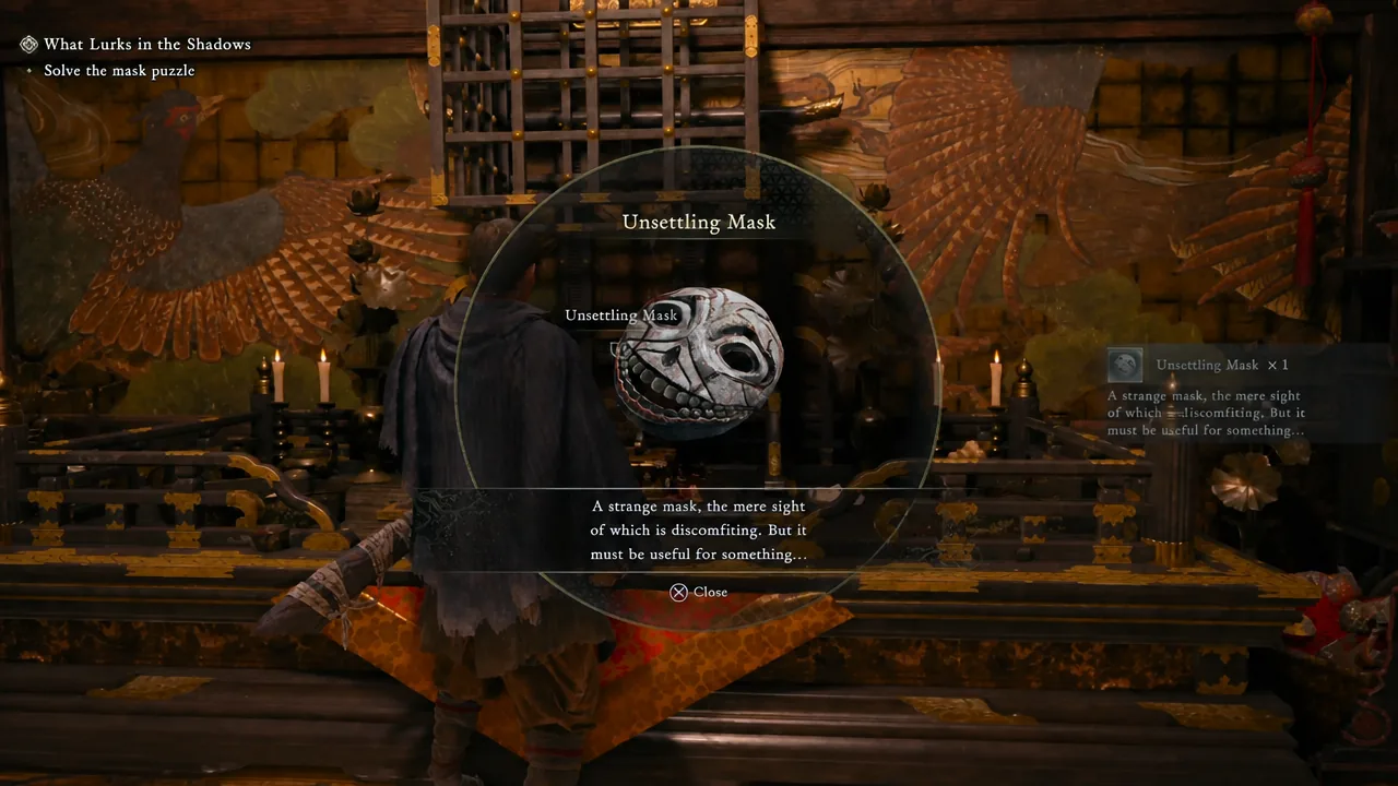 The Unsettling Mask shown on the item inspection screen after being collected from the altar