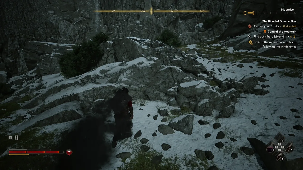 Quest tracker reading Climb the mountain with Lacra over a snowy mountainside