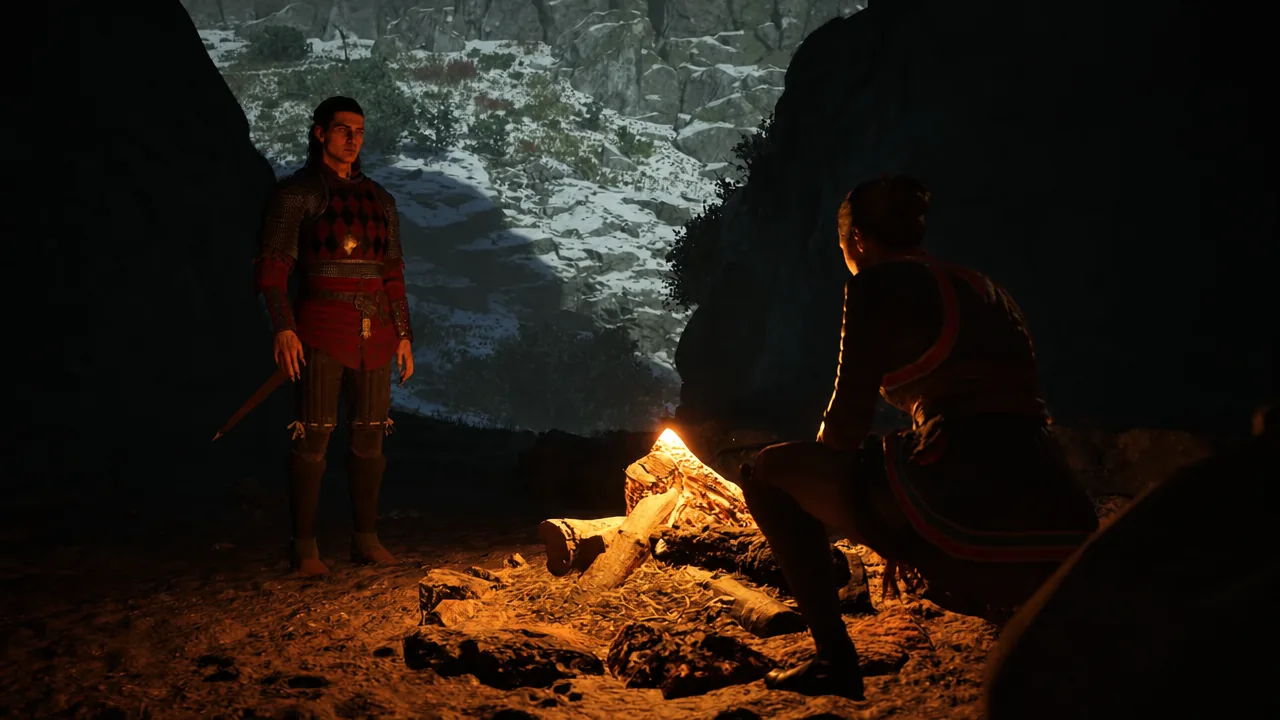 Coen and Lacra talking by the campfire at night before the mountain climb