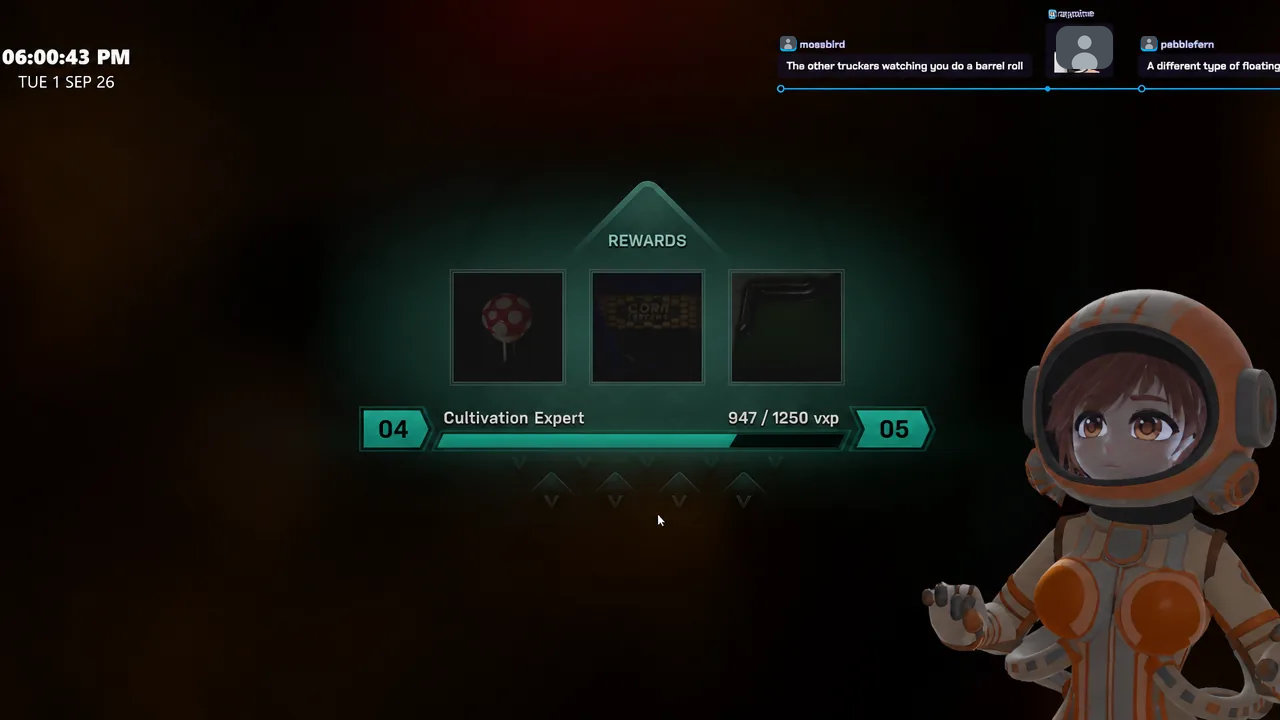 Rewards screen with the Cultivation Expert bar filling at 947 of 1250 VXP toward level 05.