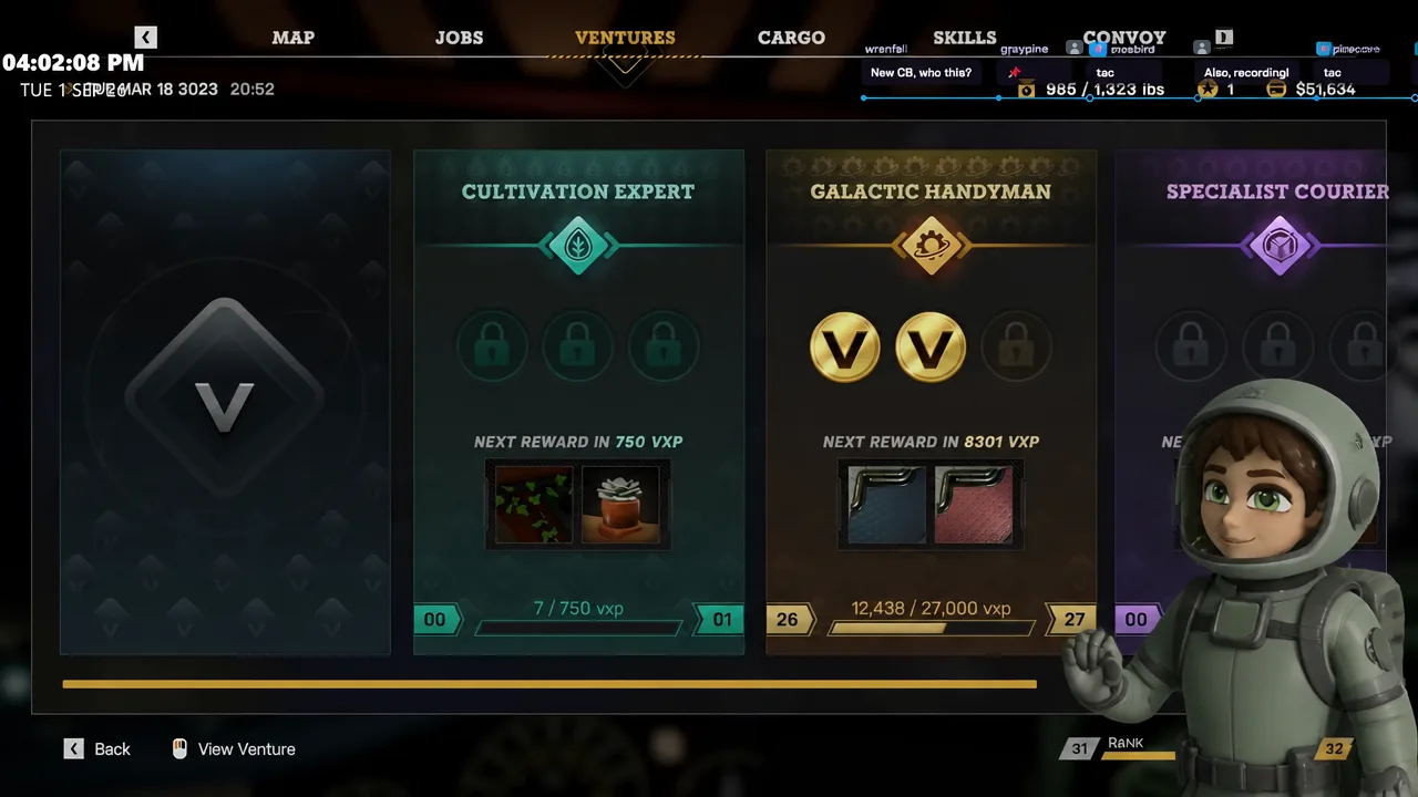 The Ventures tab open, showing progression cards and reward previews for each venture path.